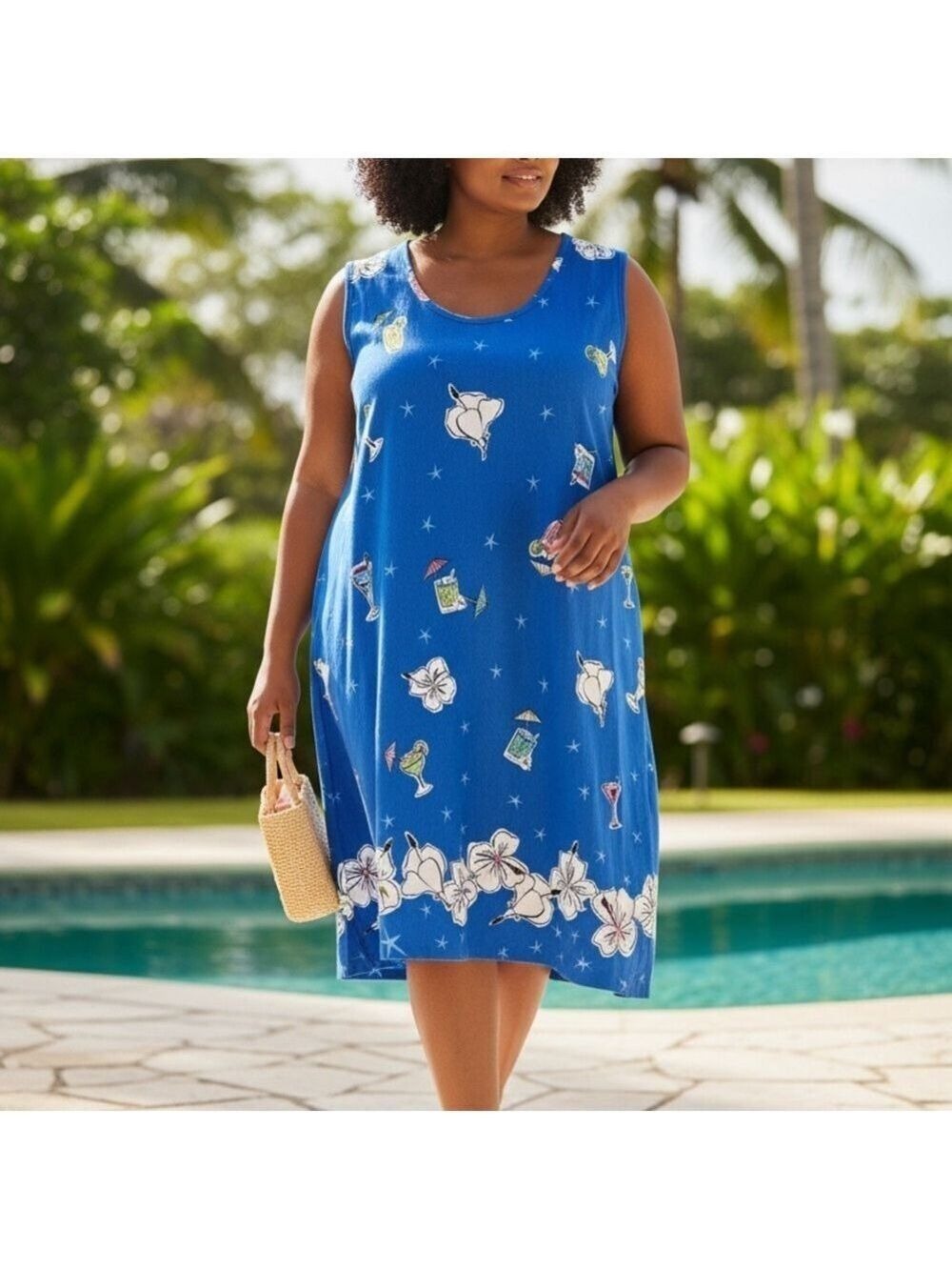 Dee California Vintage Blue Floral/Cocktails Women's Shift Dress Cotton Size XL